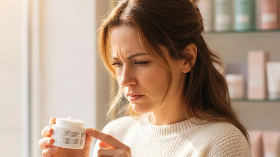Femeie care citeste lista INCI de pe eticheta unui cosmetic
