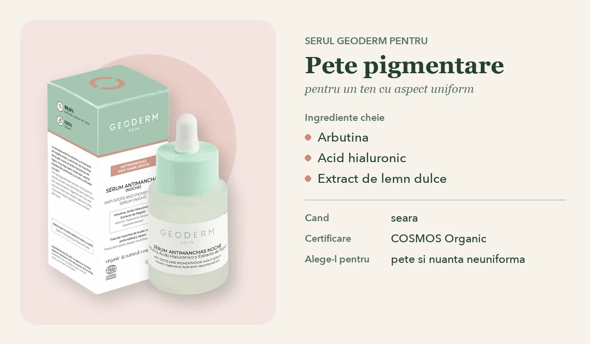 Ser pentru pete pigmentare de noapte Geoderm cu arbutina, acid hialuronic si lemn dulce